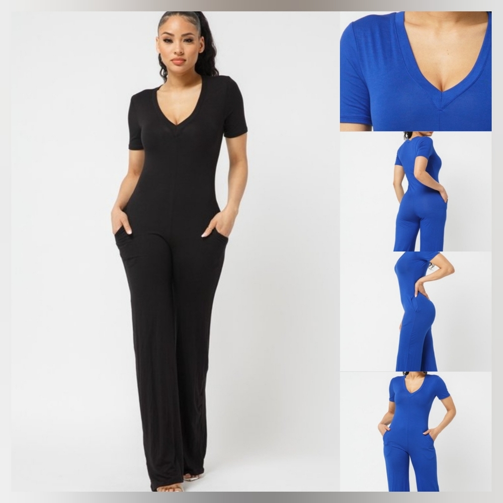 OntheGo V-neck Jumpsuit with hand Pockets Black Large 8/10 stretch style comfort
